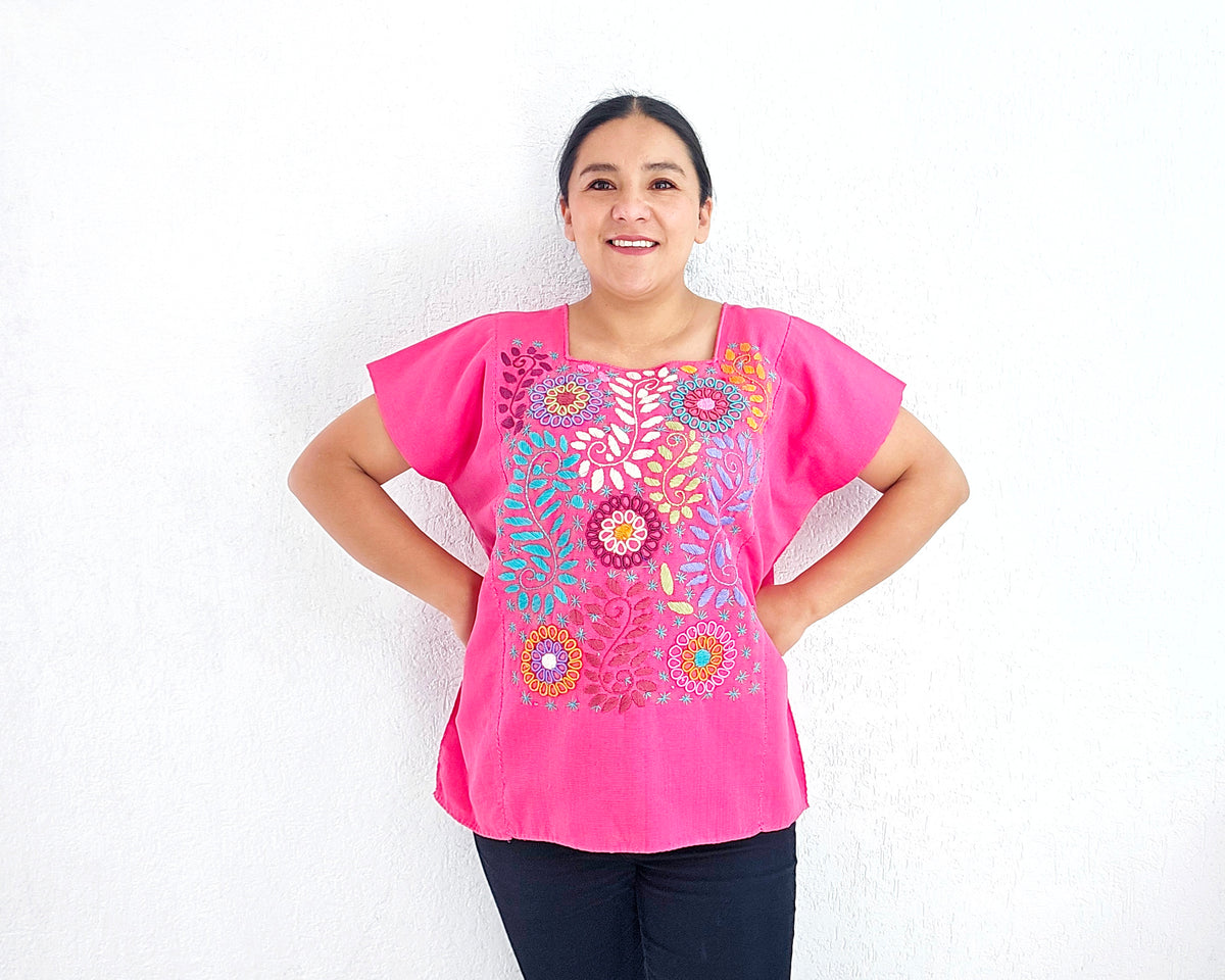 Huipil Flores Rosa Mexicano XL - 2XL