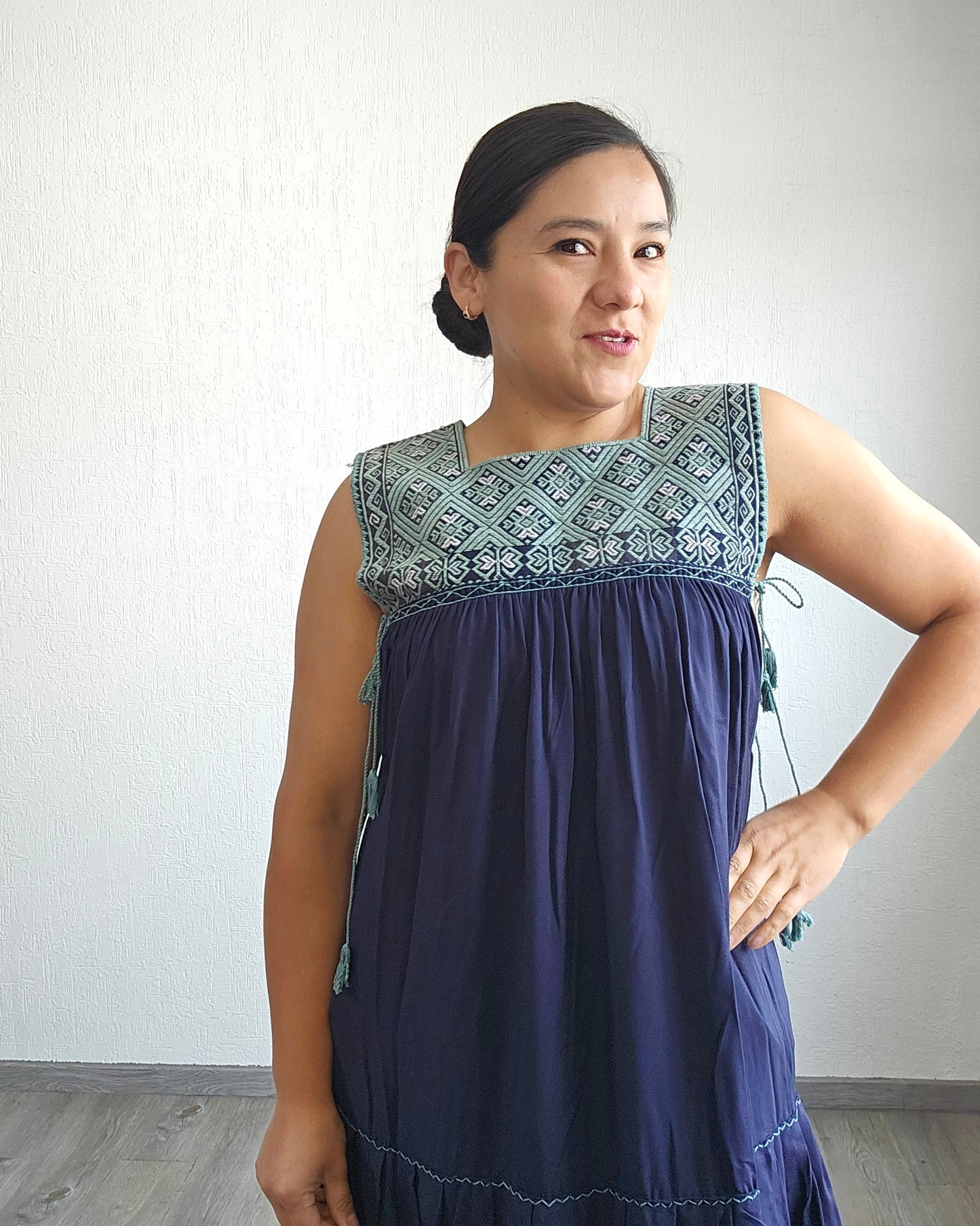 Vestido Teresa Azul Marino Menta Telar Unitalla