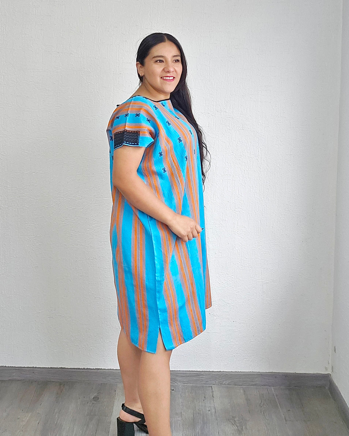 Huipil Pantheló Largo Azul  Naranja