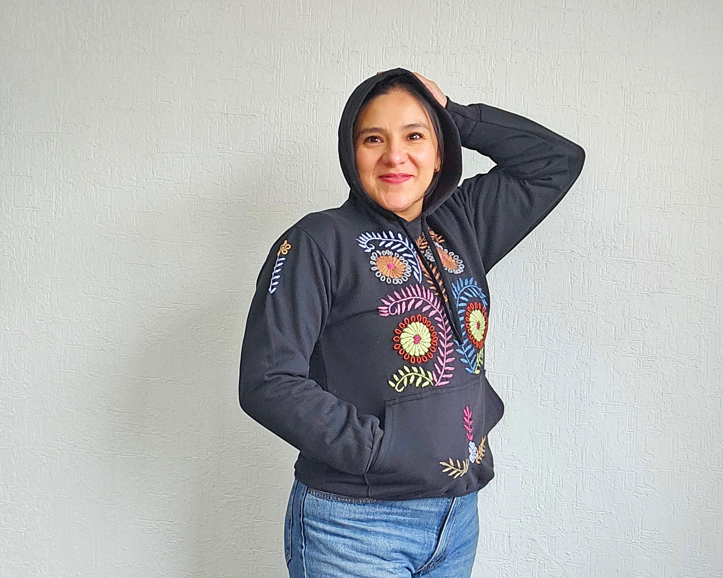 Sudadera S Rococo Negro Florecitas