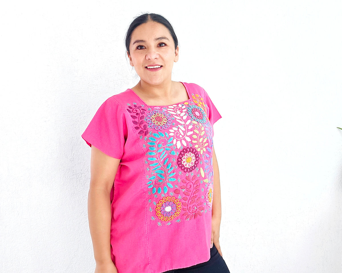 Huipil Flores Rosa Mexicano XL - 2XL