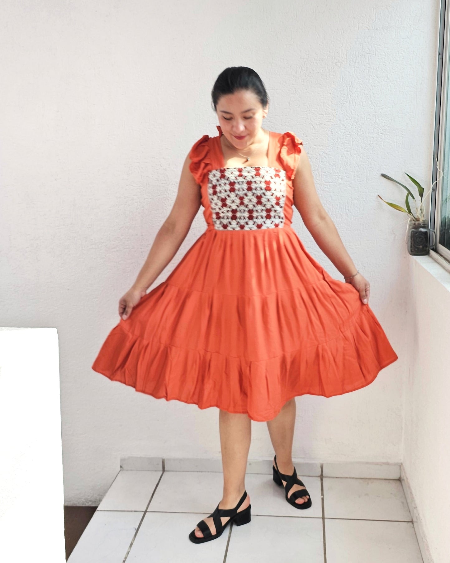 Vestido Anita Corto Naranja Blanco