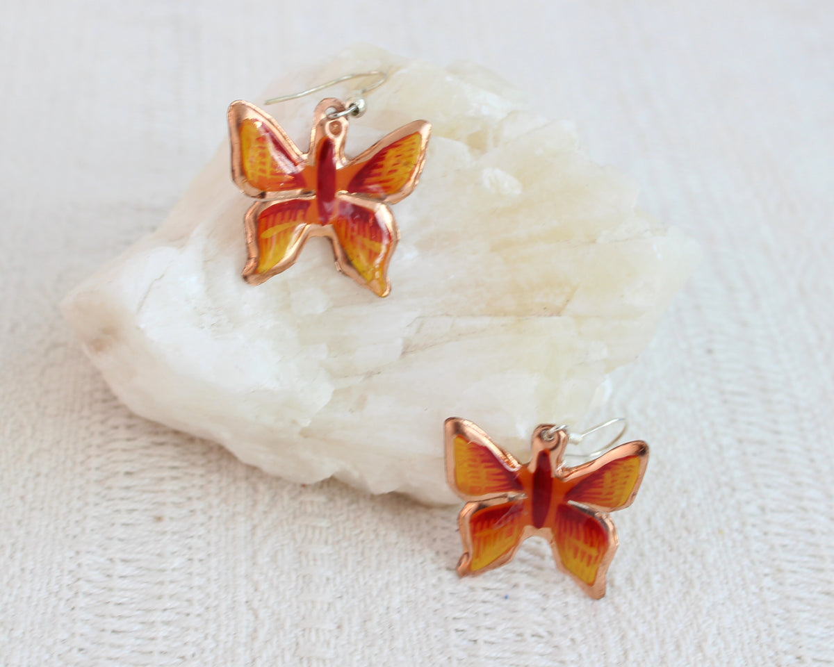 Aretes Cobre Mariposas Naranja