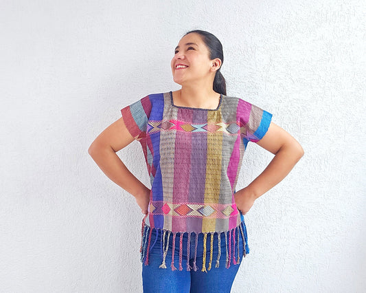 Huipil Angela Azul Rosa Morado XL