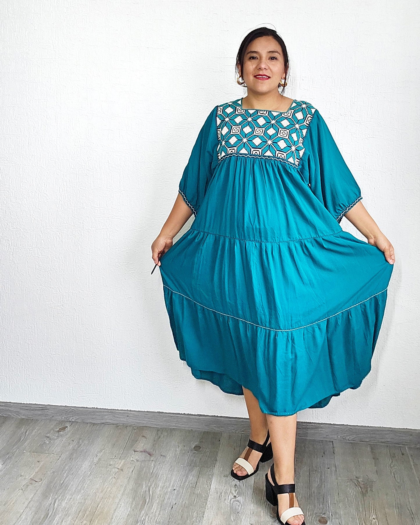 Vestido Maria Flores Azul Turquesa L / XL Manga 3/4