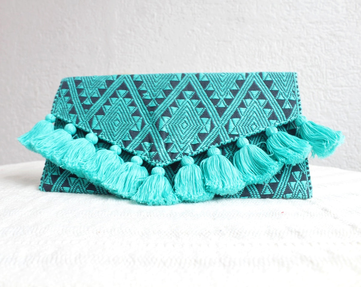 Clutch Artesanal Estrellas Diamante Turquesa Gris