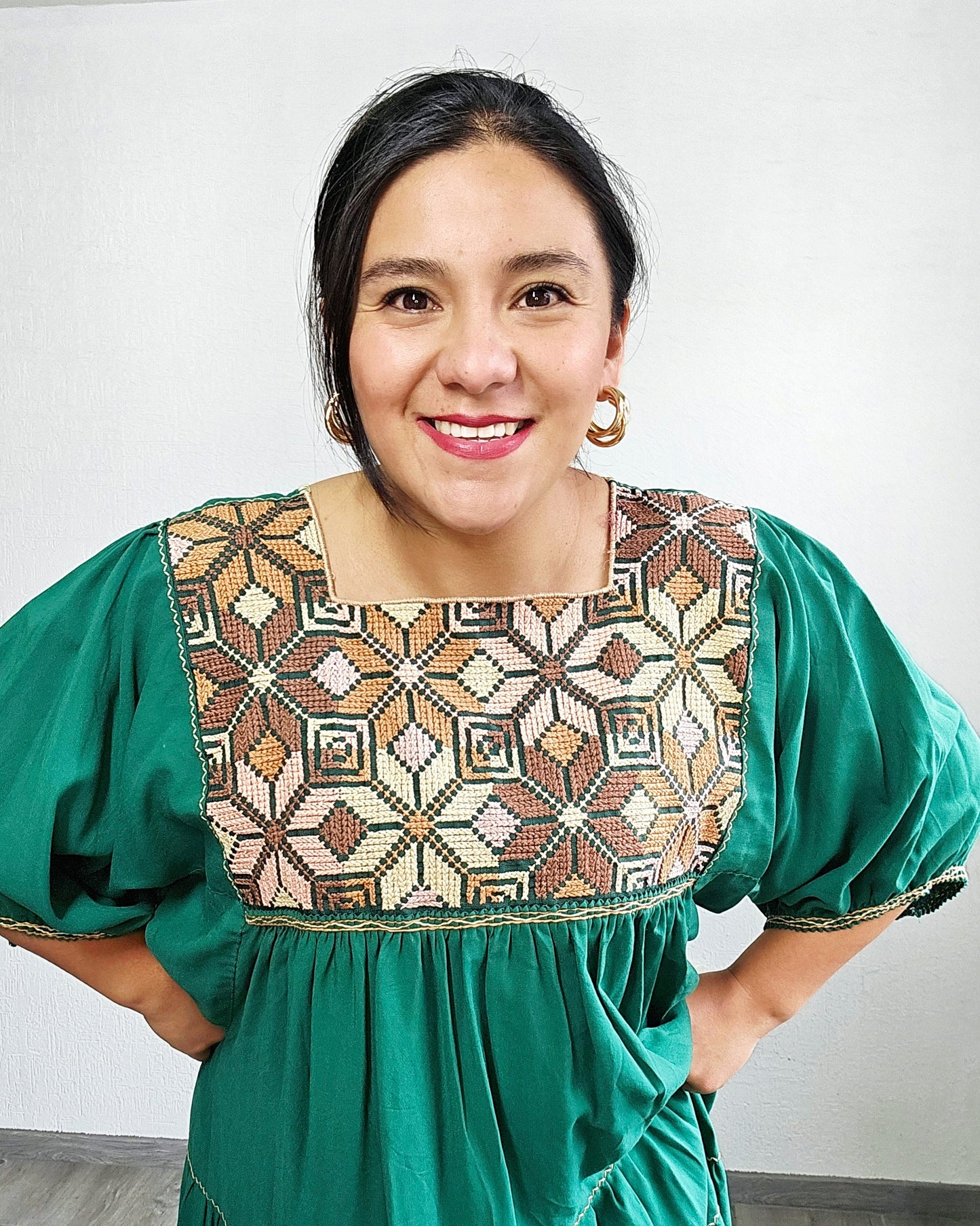 Vestido Maria Flores Verde  Café L / XL Manga 3/4
