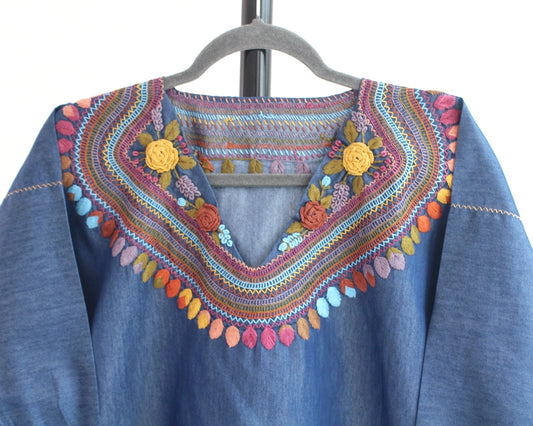 Blusa Imelda Mezclilla Flores Amarillo Naranja Unitalla