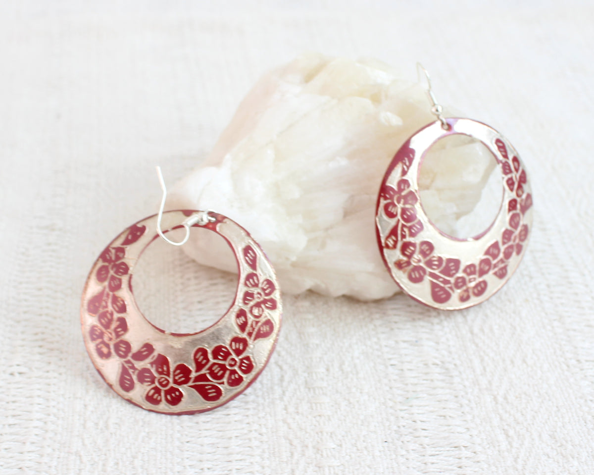 Aretes Cobre Circular Flores Rojo