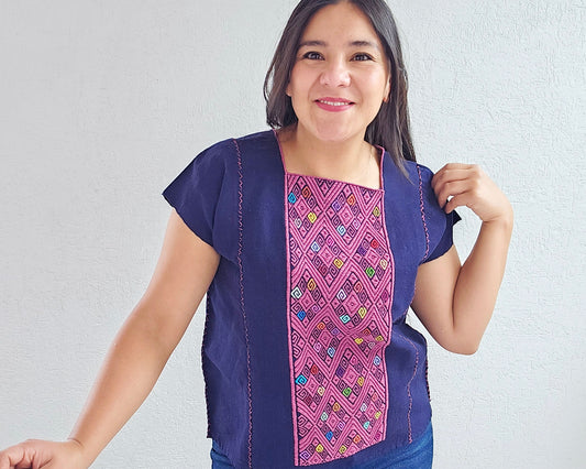 Huipil corto Laura Azul Rosa Unitalla
