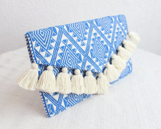 Clutch Artesanal Estrellas Diamante Blanco Azul