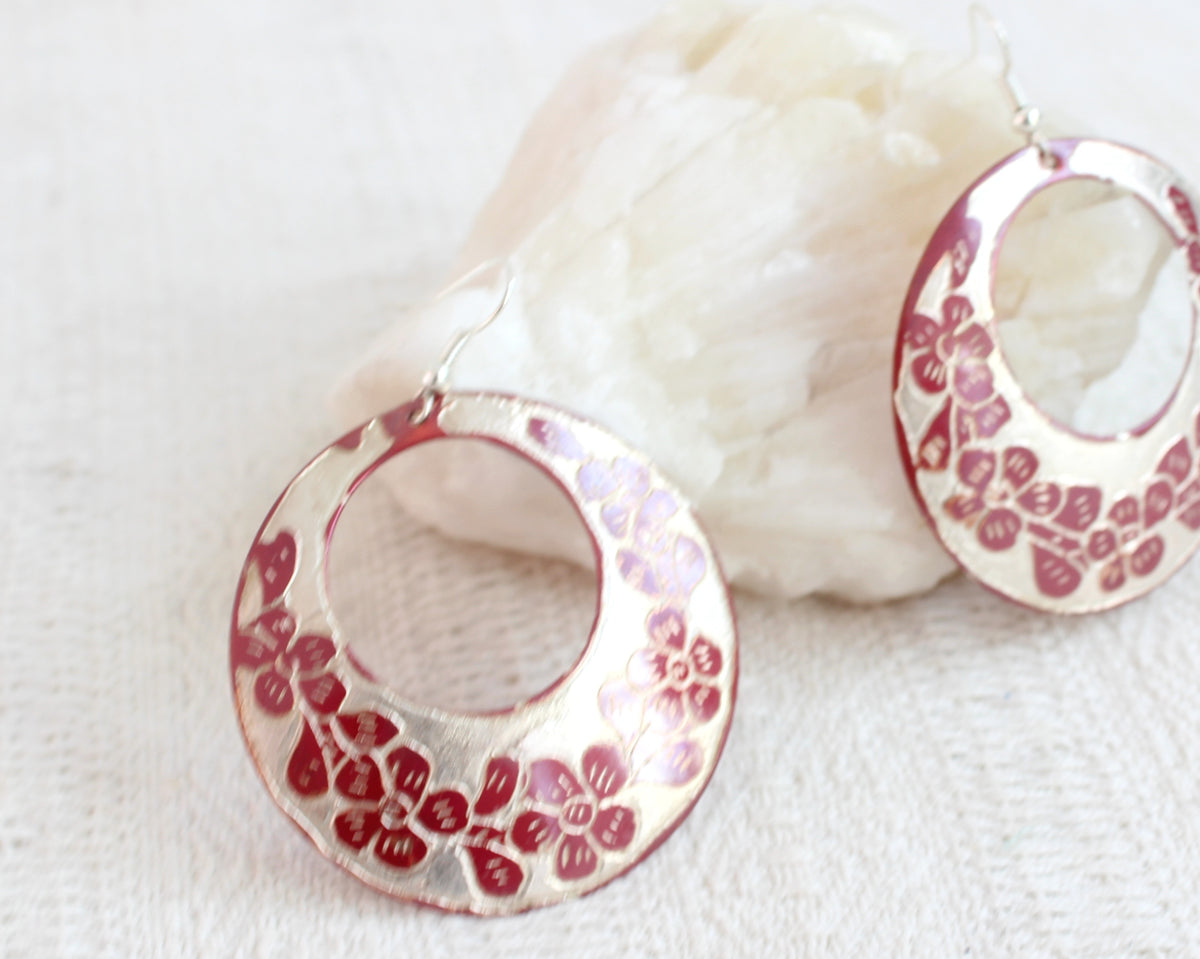 Aretes Cobre Circular Flores Rojo