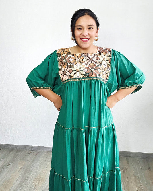 Vestido Maria Flores Verde  Café L / XL Manga 3/4