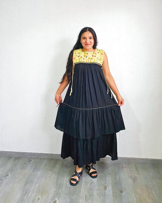 Vestido Teresa Negro Amarillo Telar Unitalla