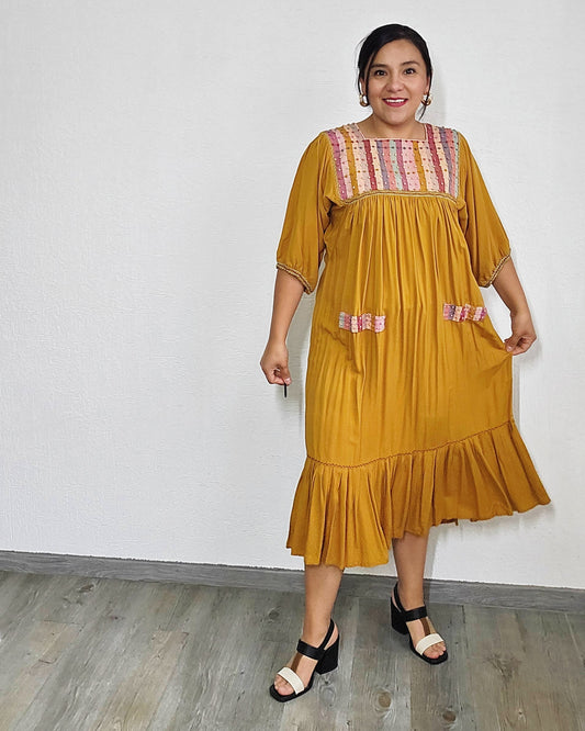 Vestido Nuditos 3/4 Mostaza Colores