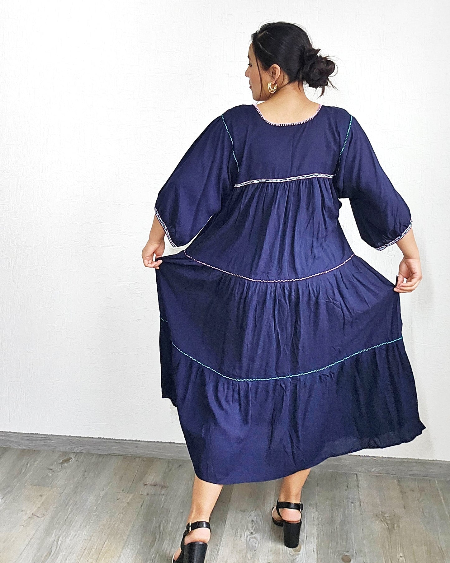 Vestido Maria Flores Azul Marino L / XL Manga 3/4