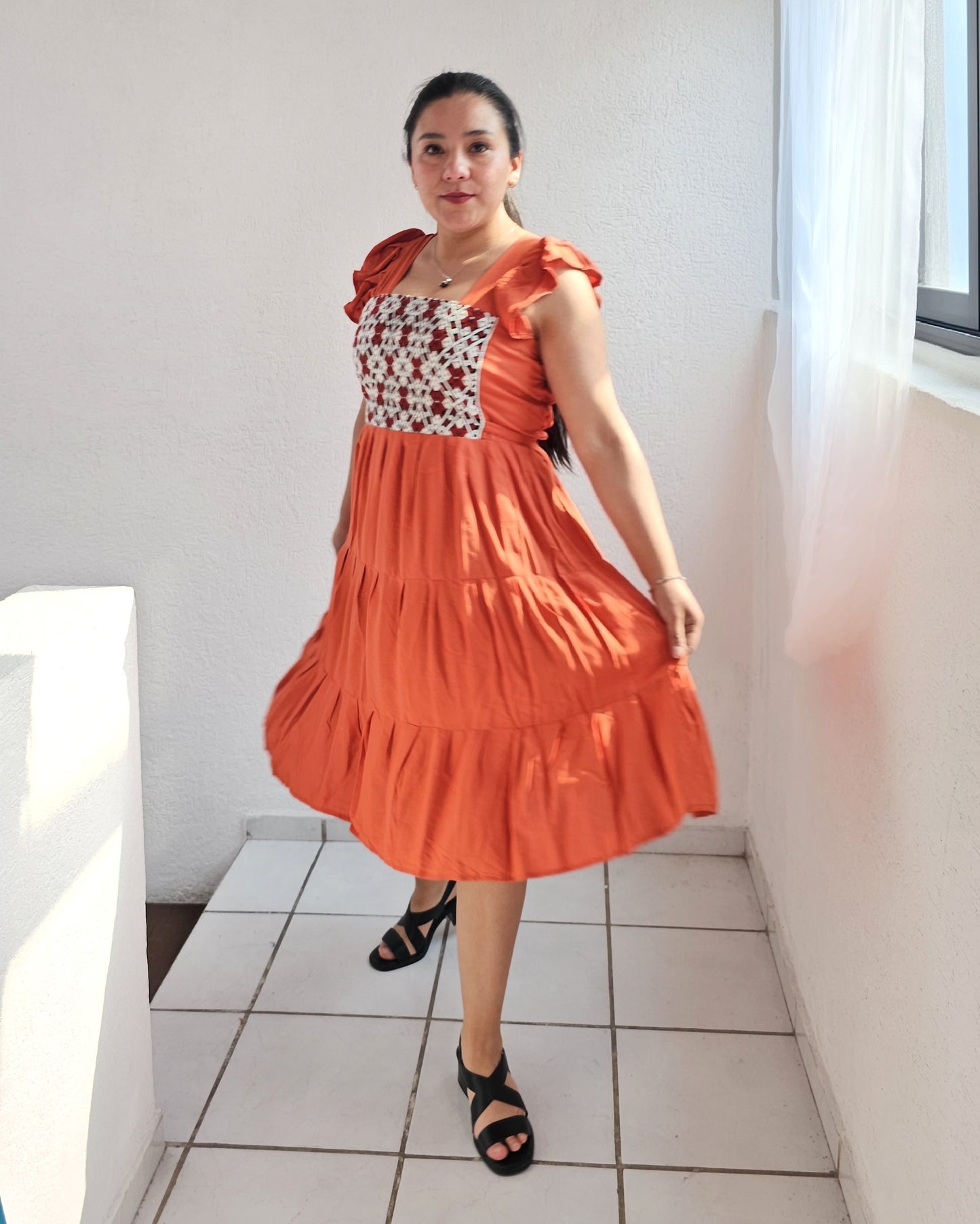 Vestido Anita Corto Naranja Blanco