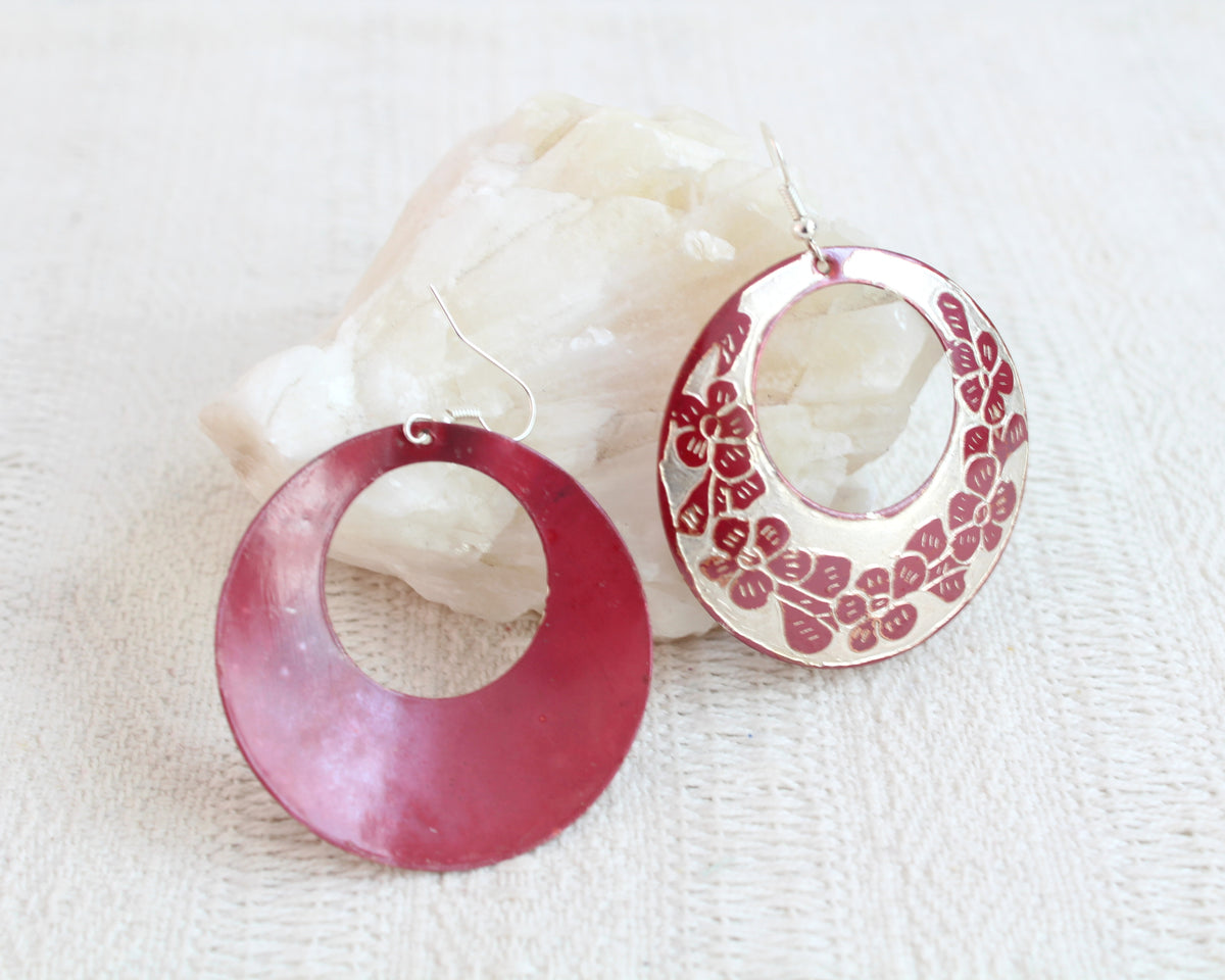 Aretes Cobre Circular Flores Rojo