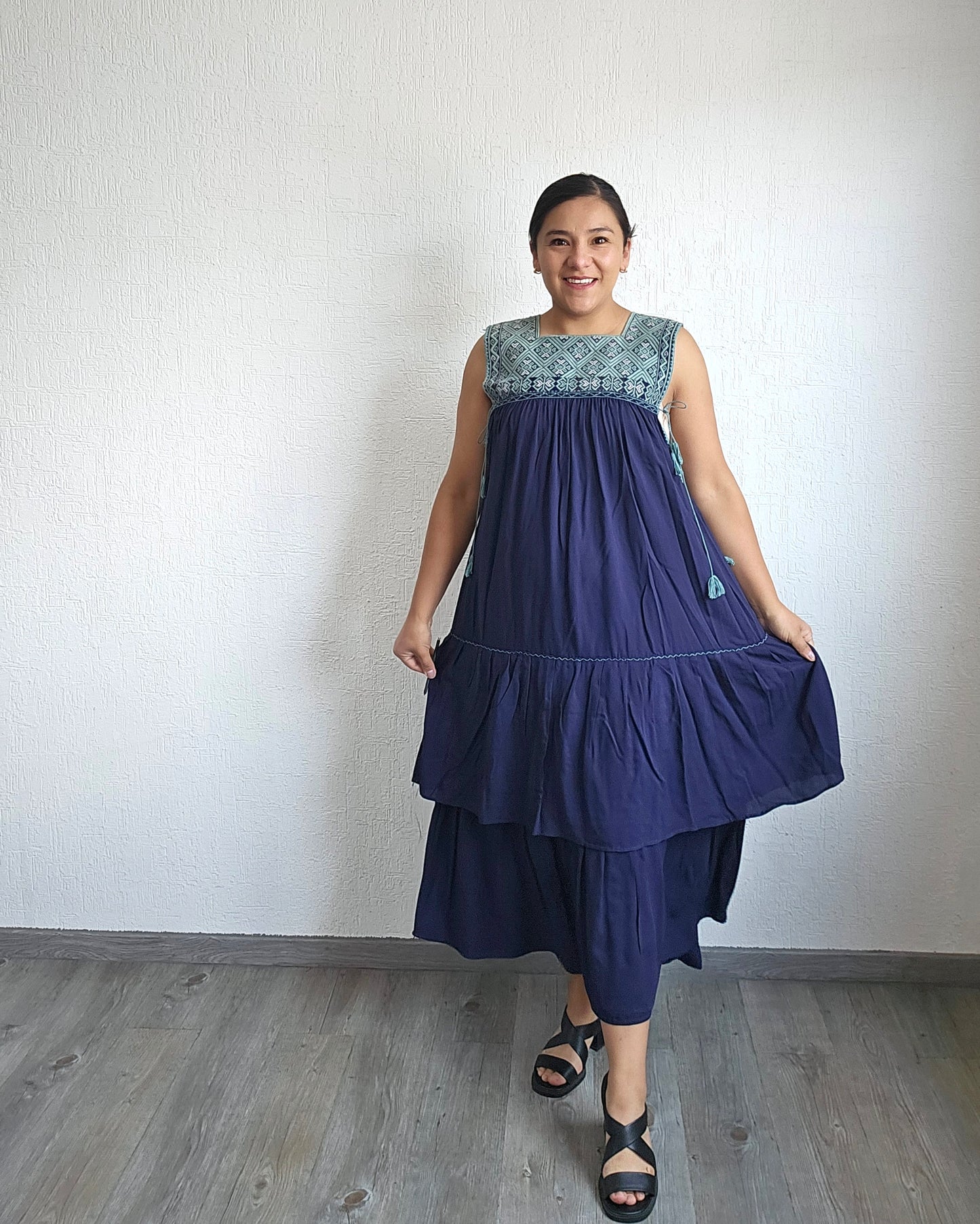 Vestido Teresa Azul Marino Menta Telar Unitalla