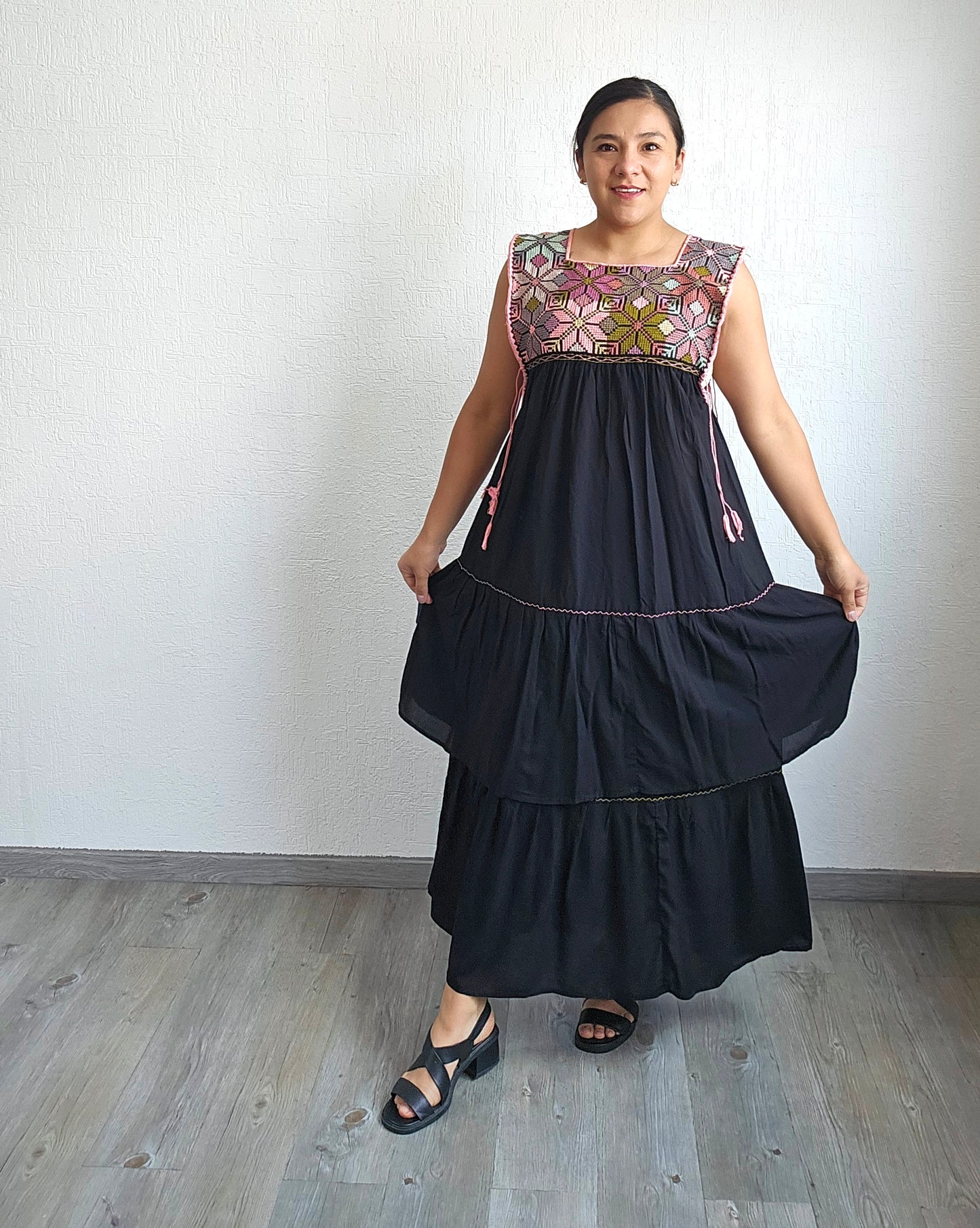 Vestido Teresa Negro Rosa Verde Unitalla